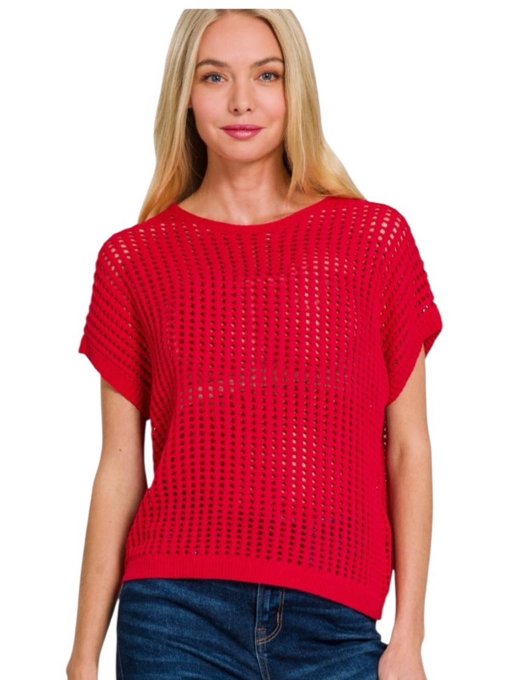 Zenana Red Ruby Open Crochet Knit Short Sleeve